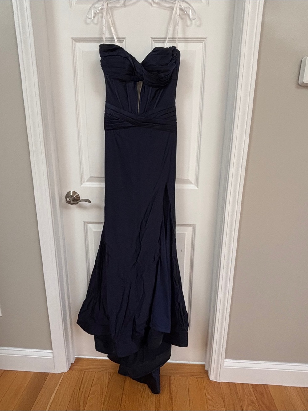 Strapless Navy Ruched Bust Evening Gown